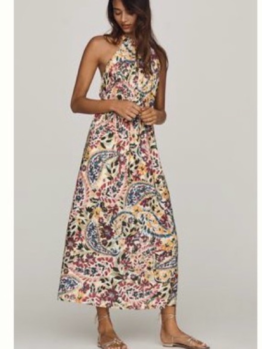 FARM Rio Cream Paisley Halter Maxi Dress with Blue, Pink & Yellow Accents